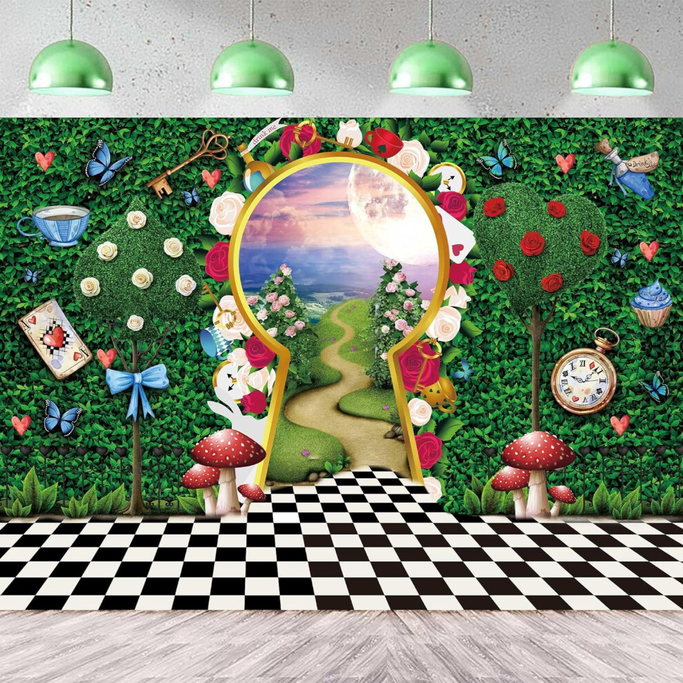 7X5ft Wonderland Backdrop For Photography, Fairy Tale Castle Rabbit Leaf Birthday Background, Tea Party Decorations, Baby Shower, Newborn Green 9027700899049