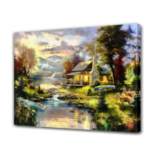 Farmhouse Mountain Lake Nature Paradise Poster, Compatible with Living Room & Bedroom Decor, 8x12inch Canvas Wall Art