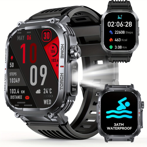 2.02" Smartwatch IP68 Waterproof, Answer/Dial Calls with LED Flashlight, Full Touch Screen Compatible with iPhone and Android - Black