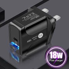 Quinlirra Uk Qc 3.0 Quick Charger 18W Usb Pd Plug Two Power Ports Charger for Phone Universal Travel Plug Adapter Black