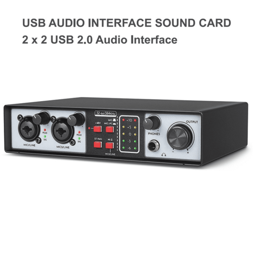 2 in 2 Out USB Audio Interface 32Bit/384KHZ Studio Kit Record Professional Sound Card 48V Phantom 2