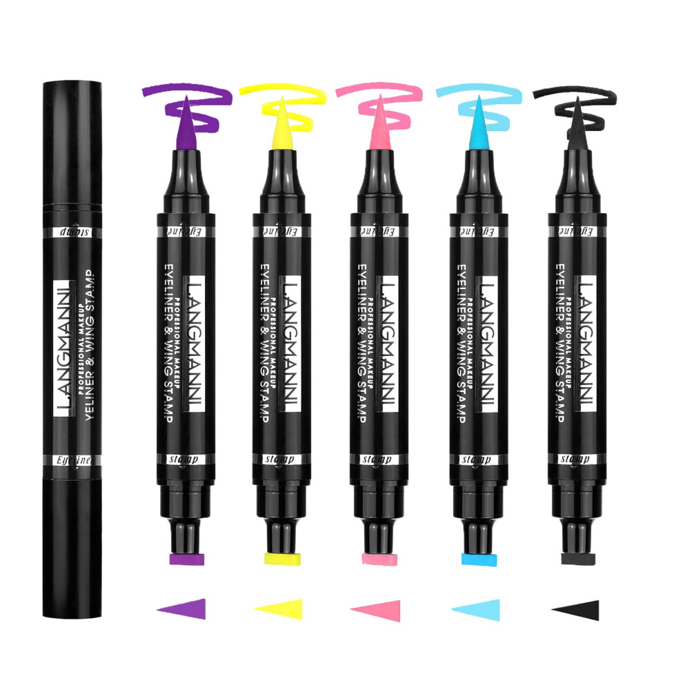 Winged Eyeliner Stamp Pen Set 5 Colors Dual Ended Liquid Eyeliner Waterproof Smudgeproof Long Lasting