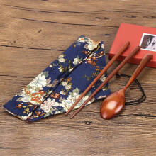 Federra Portable Wooden Chopsticks Spoon Tableware Set Vintage + Blue Bag