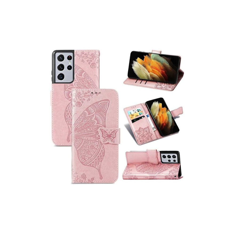 Compatible With Samsung S21 Ultra Wallet Case Pu Leather 4-Compartment Motif Butterfly Purple 9027700900493
