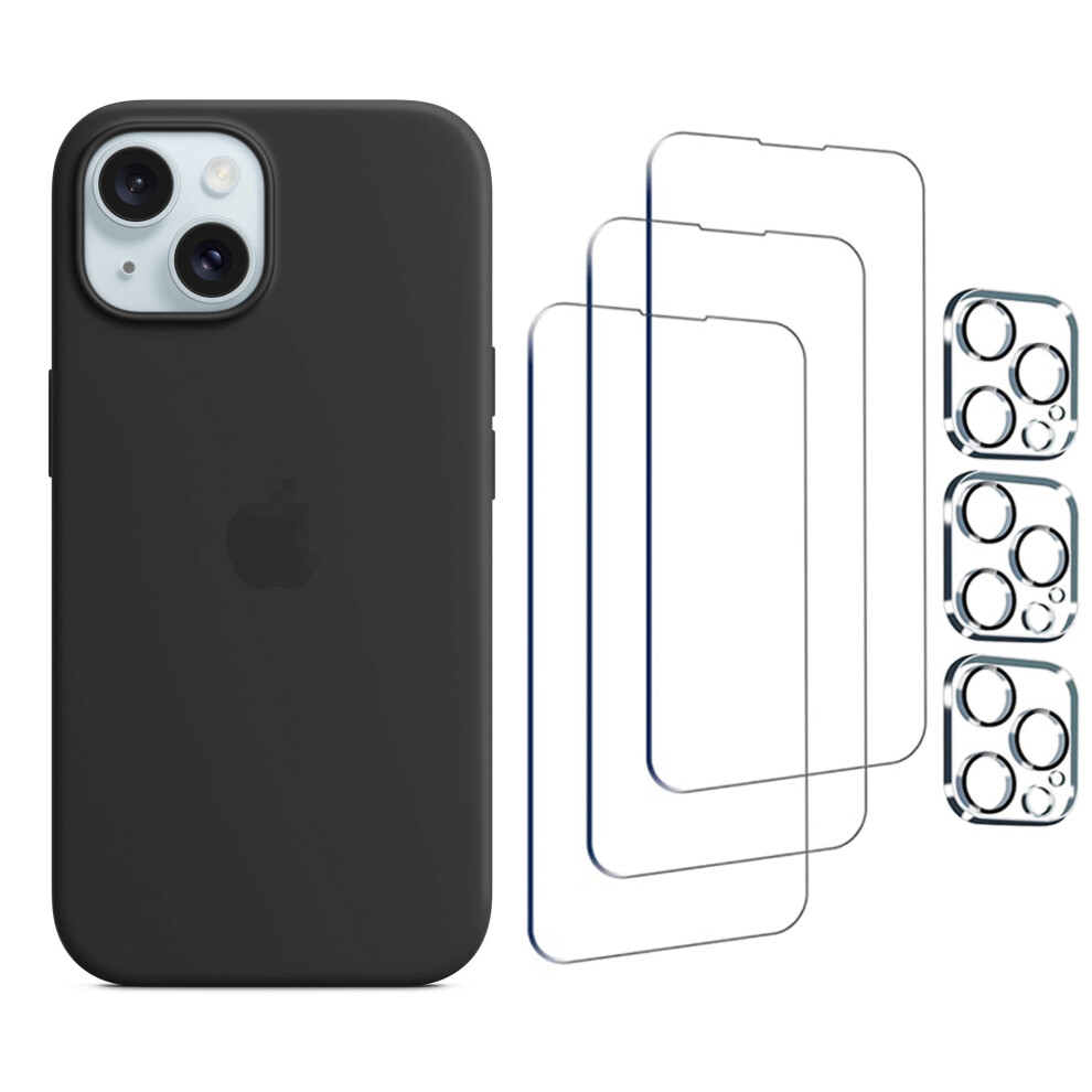 Compatible With Iphone 15 Silicone Phone Case With Magsafe 6.1"In (Black) And Protective Film*3 And Lens Protective Film*3 Black 9422877755417