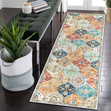 Garvee Long Runner Rug 2x6, Washable Floral Moroccan Trellis, Vintage Persian Distressed, Orange, Compatible with Laundry Kitchen