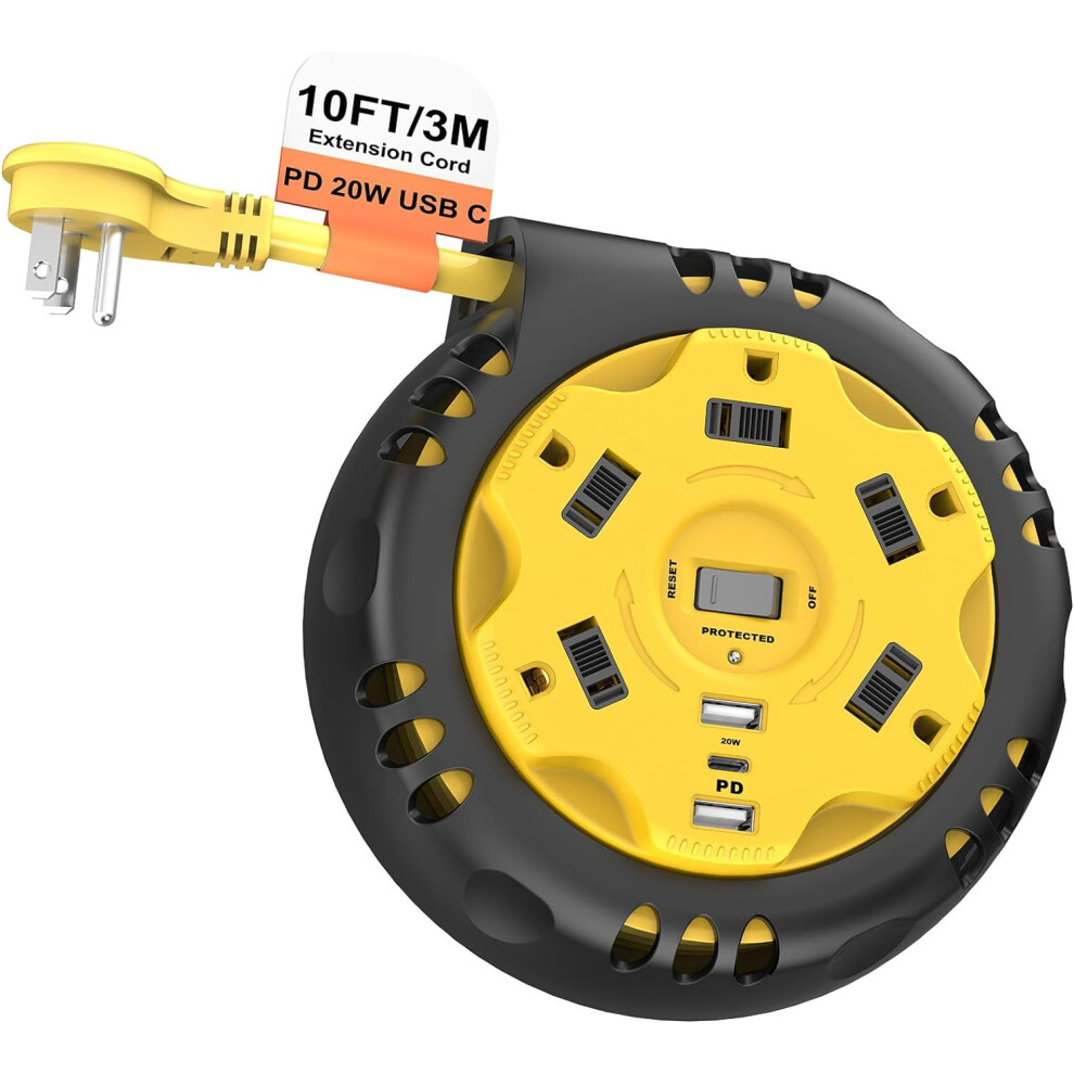 Retractable Power Strip Extension Cord Reel With Usb C Pd 20W, Flat Plug Power Strip Surge Protection With 5 Outlets 3 9085618210202