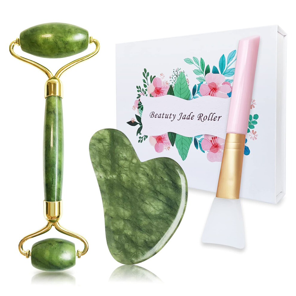 Green Jade Roller And Gua Sha Set Natural Jade Facial Massage Tool For Face Neck Wrinkle Reduction