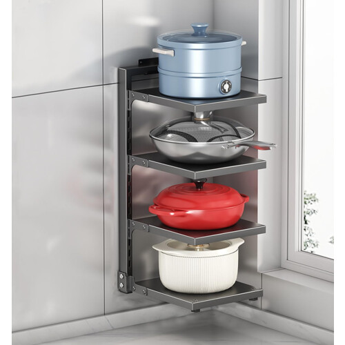 4 Tier Wall Mounted Pot and Pan Organizer with Adjustable Dividers, Space Saving Gray Kitchen Rack