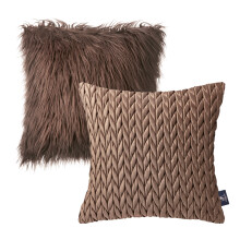Phantoscope 2 Pack Decorative Throw Pillows, Fluffy Faux Fur & Quilted Velvet, 18"x18", Brown, for Sofa Couch Bedroom