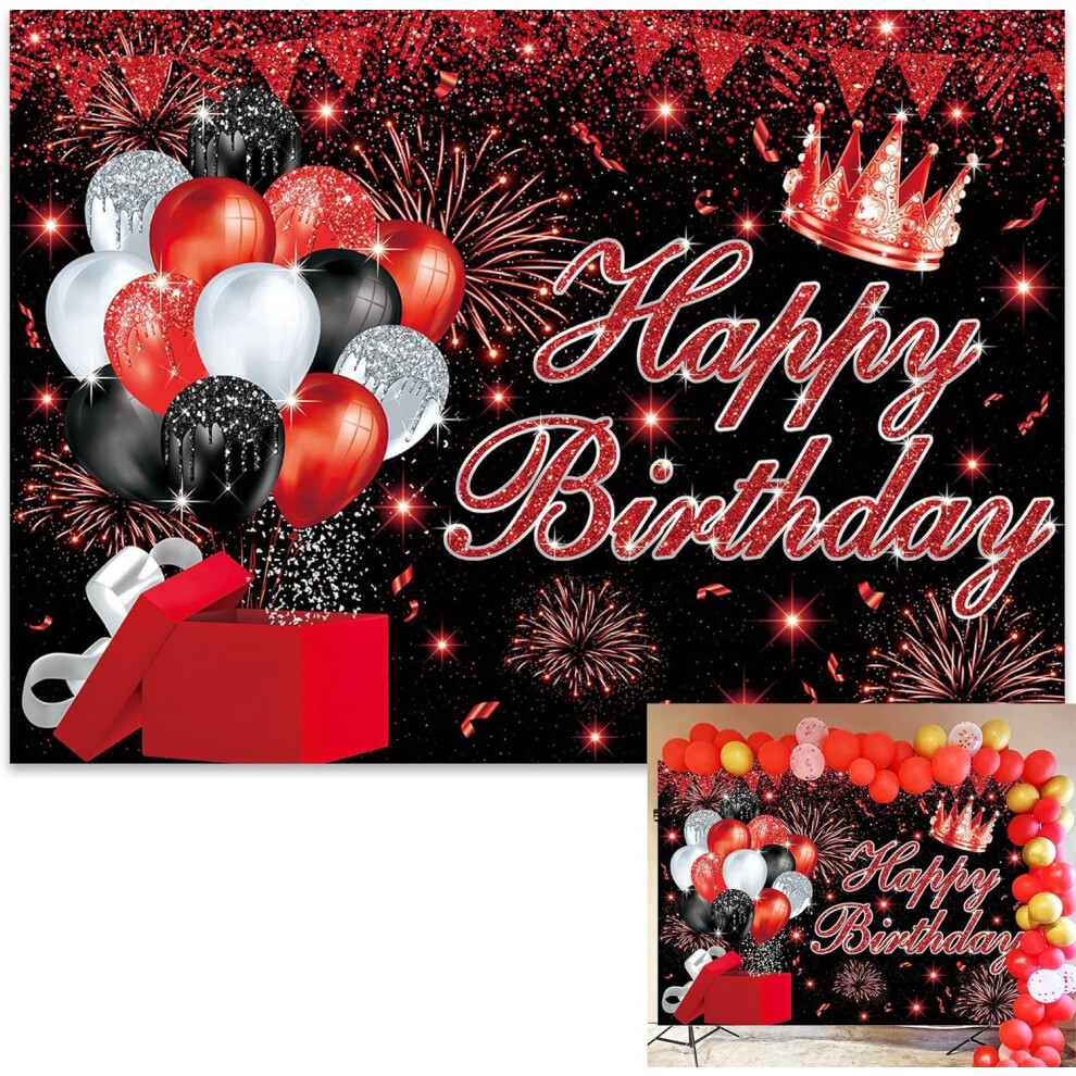 7X5ft Happy Birthday Backdrop Glitter Balloon Gift Sign Spot Birthday Anniversary Background Women Red/Black 9191629743223
