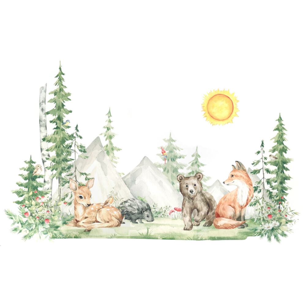 3D Forest Wall Decal - Woodland Deer, Bear, Fox & Birds Stickers For Kids Bedroom, Playroom, Living Room, Compatible With Pine Walls 9191629745104
