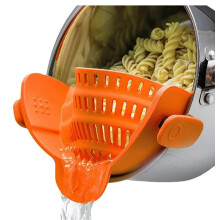 Silicone Clip On Strainer for Pots, Adjustable Colander Spout Gadget for Draining Pasta, Beef, Veggies, Fruits, Fits Pots Pans Bowls, Orange