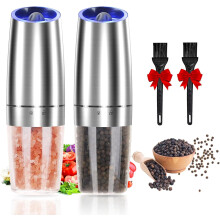 Gravity Electric Salt & Pepper Grinder Set of 2, Adjustable Coarseness, Auto Mill with Blue LED Light, One-Hand Operated, Battery Powered (Silver 2