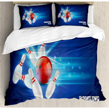 Bowling Party Duvet Cover Set, Strike Image with Red Ball & Pins, 3PC Bedding Set (2 Pillowcases), Red Aqua Blue