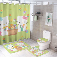 Hello Kitty 4Pcs Family Shower Curtain Set with Non-Slip Rugs, Toilet Cover & Bath Mat, Black Waterproof Curtains + 12 Hooks, 71x71 Inch