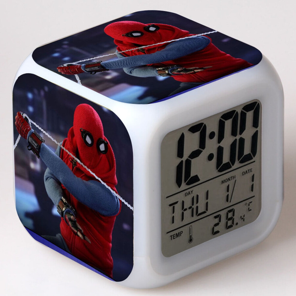 Hanntaoo Digital Alarm Clock For Kids, Spider-Man Led Clock With Thermometer, Night 7 Color Changing, Gift For Boys Girls Light