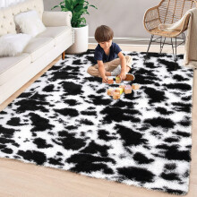 Haperlare 8' x 10' Fluffy Faux Fur Rug, Non-Shedding Soft Shaggy Carpet for Living Room Bedroom, Anti-Slip Fuzzy Rug, White/Black