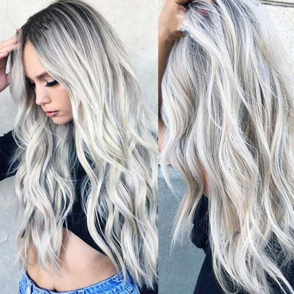 Unisex Silver Jetcloudlive 28" Ladies Full Wigs Hair Long Wavy Gray Wig Synthetic Hair