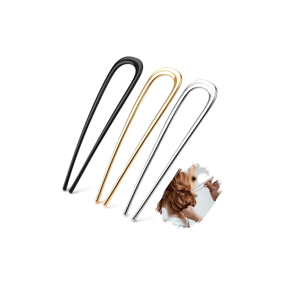 3Pcs French Hairpins Metal 14Cm/5.5In French Pin French Twist Hairpin U-Shaped Hair Fork Hairpins Large Winding Gold/Silver/Black 9399596490335