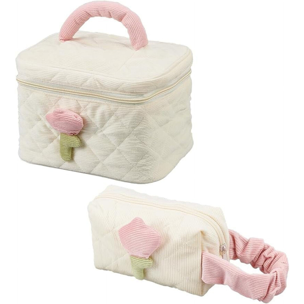 Cute Quilted Portable Makeup Bag for Women, 2 Styles Corduroy Pouch Set with Tulips Pattern, Travel Cosmetic Organizer, Compatible with TSA