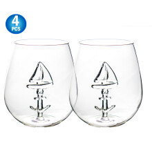 Sail Boat Wine Glass 4 PC SET 650ml Stemless with 3D Sailboat & Anchor Design - Nautical Themed Glassware for Wine, Boating