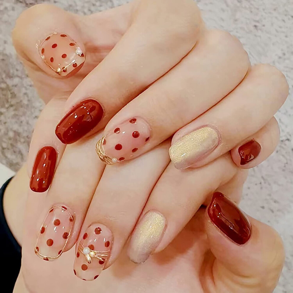 Red Press On Nails Short Almond With Glue, Polka Dot Coffin Acrylic False Nails For Women