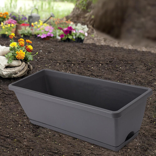 Black Rectangular Window Box Planter with Drainage and Removable Tray for Indoor Outdoor Use 2