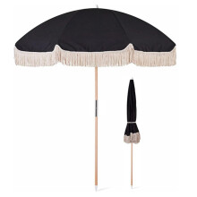 7ft Black Beach Umbrella with Fringe, UV Protection Patio Parasol for Balcony, Deck and Garden