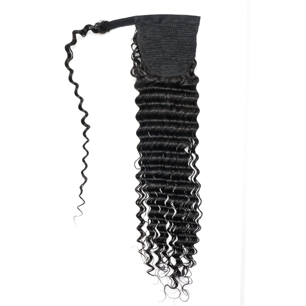 Unisex Black Human Hair Ponytail Extension Natural Remy Deep Wave Clip In Wrap Around For Instant Volume