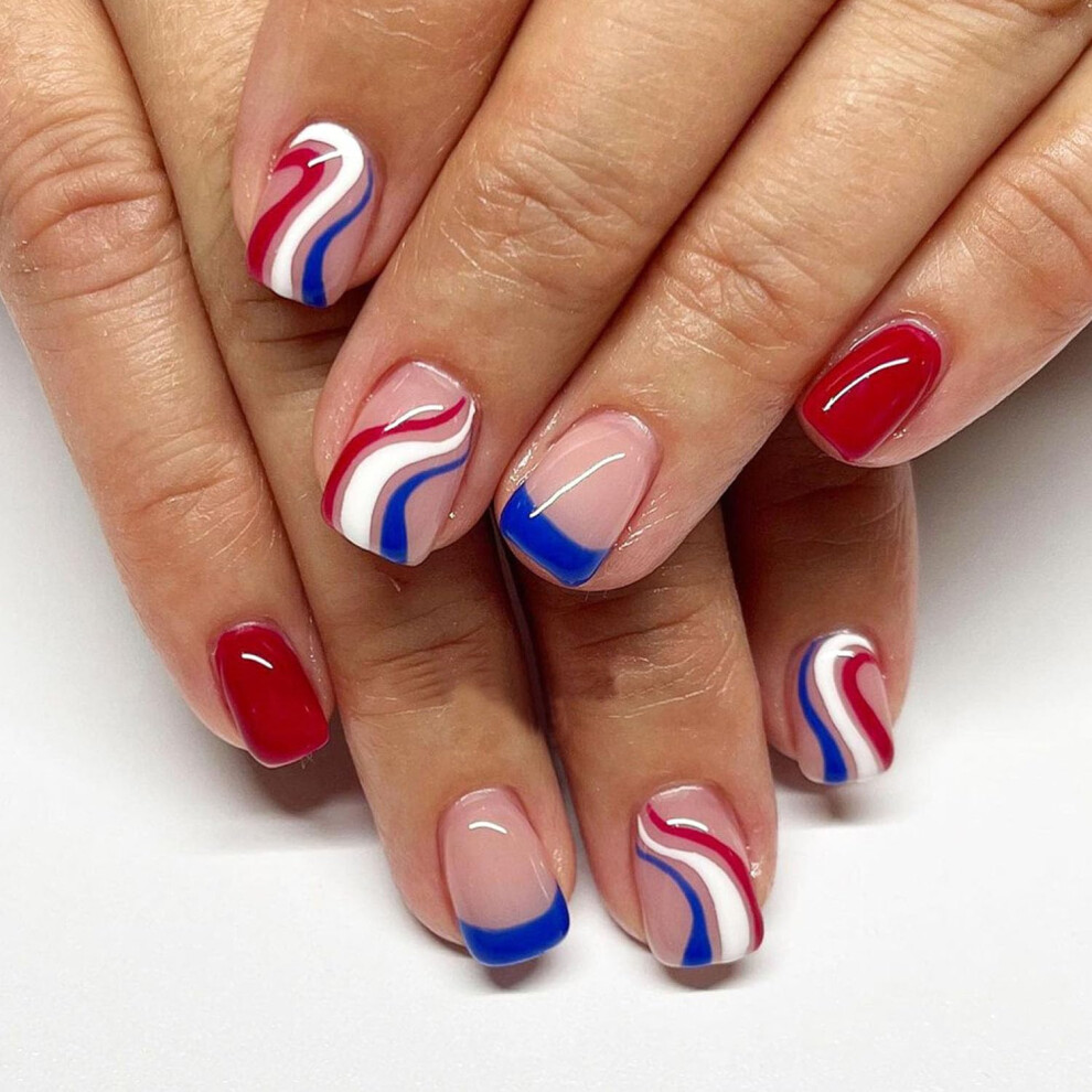 Blue,White,Red Fourth Of July Press On Nails Red Blue White Swirl Medium Square Glossy French Patriotic Manicure