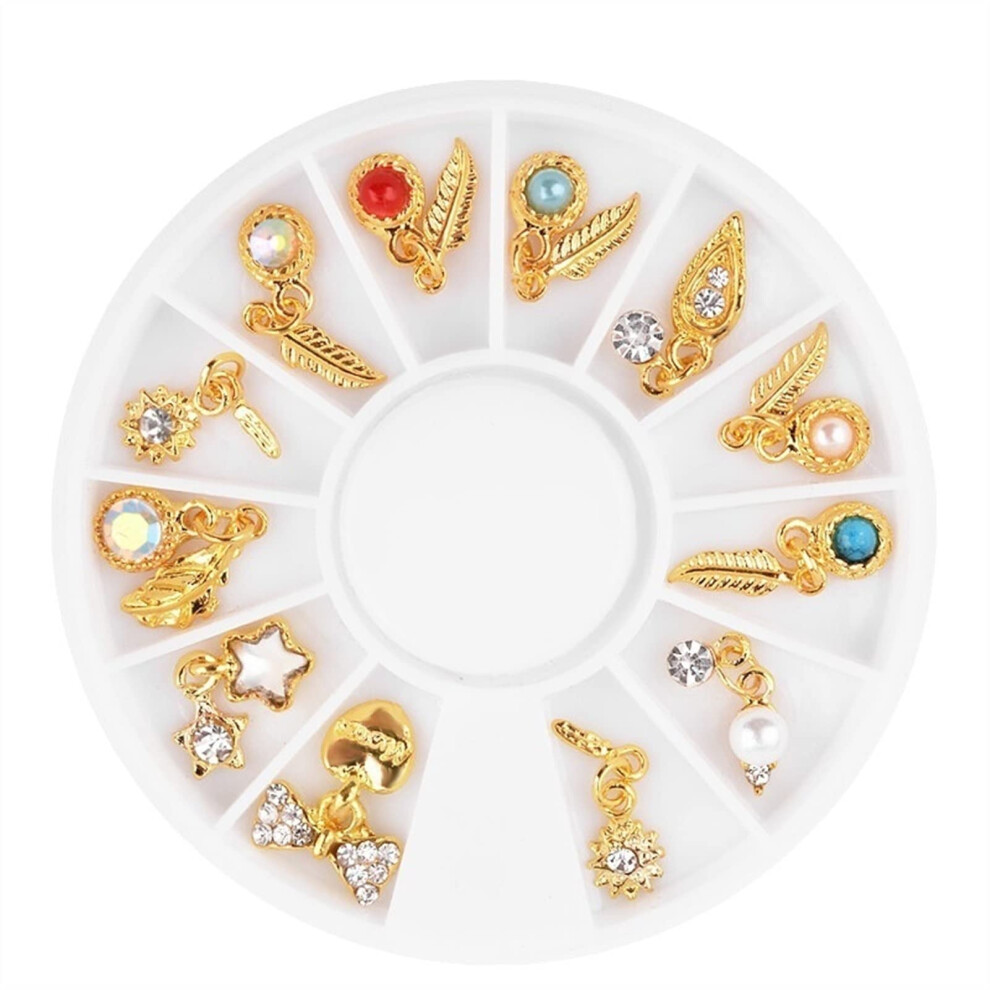 Gold Tassel Nail Art Decorations with Metal Feather Charms and 3D Rhinestones in Wheel