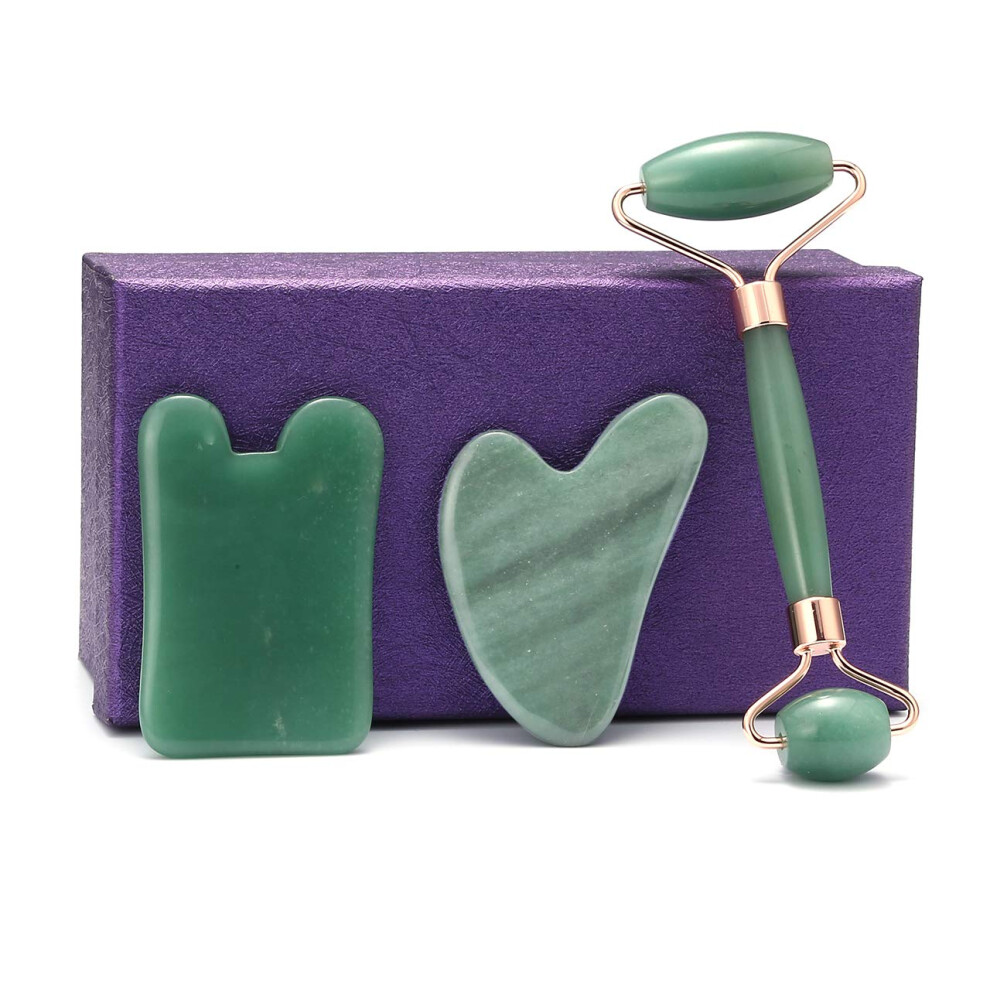 Green Jade Roller And Gua Sha Set For Face Neck Eyes, Natural Aventurine, Reduce Puffiness And Antiaging