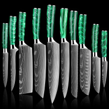 10 Piece Damascus Kitchen Knife Set Japanese Chef Knives Ultra Sharp  Carbon Steel Green Resin Handle
