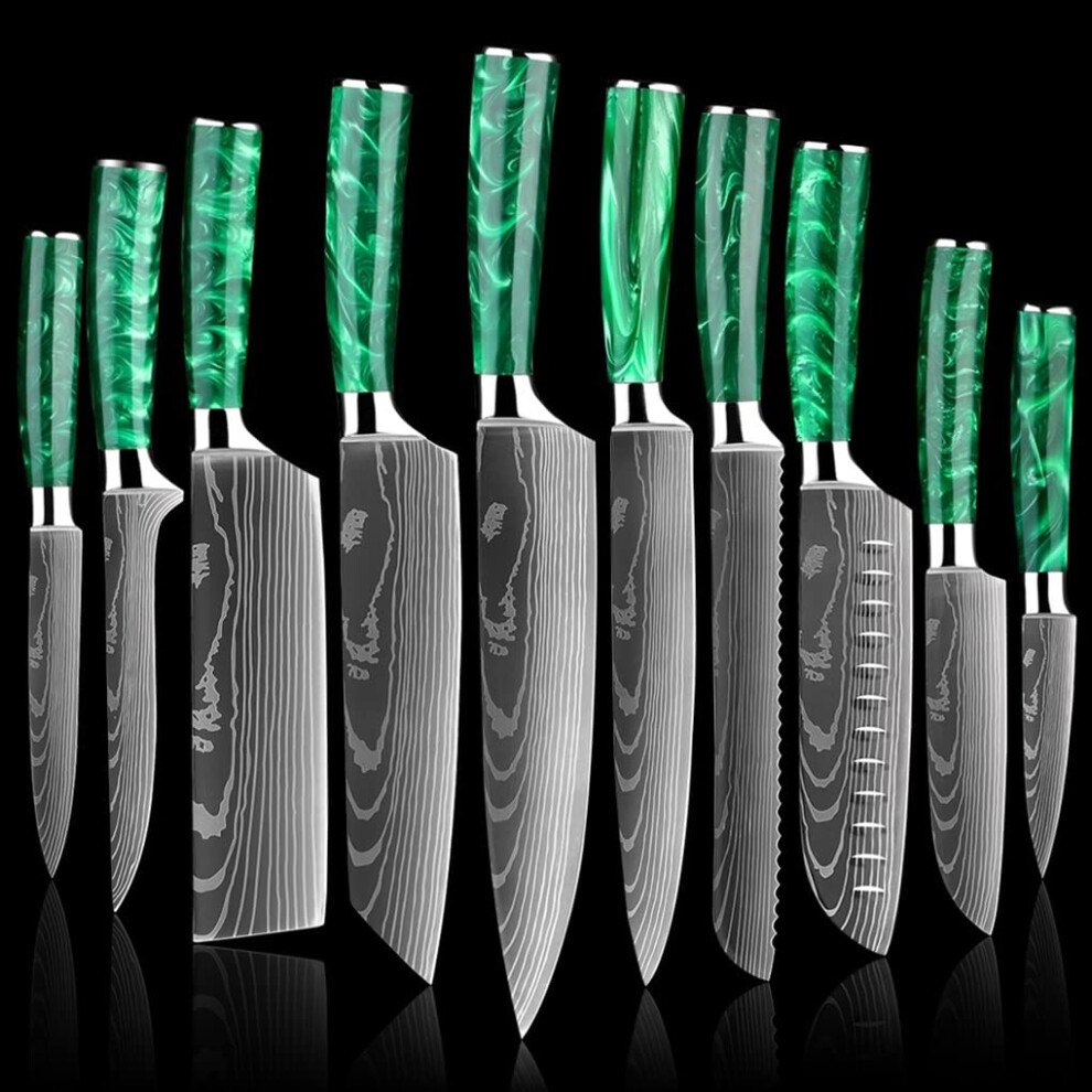 10 Piece Damascus Kitchen Knife Set Japanese Chef Knives Ultra Sharp  Carbon Steel Green Resin Handle