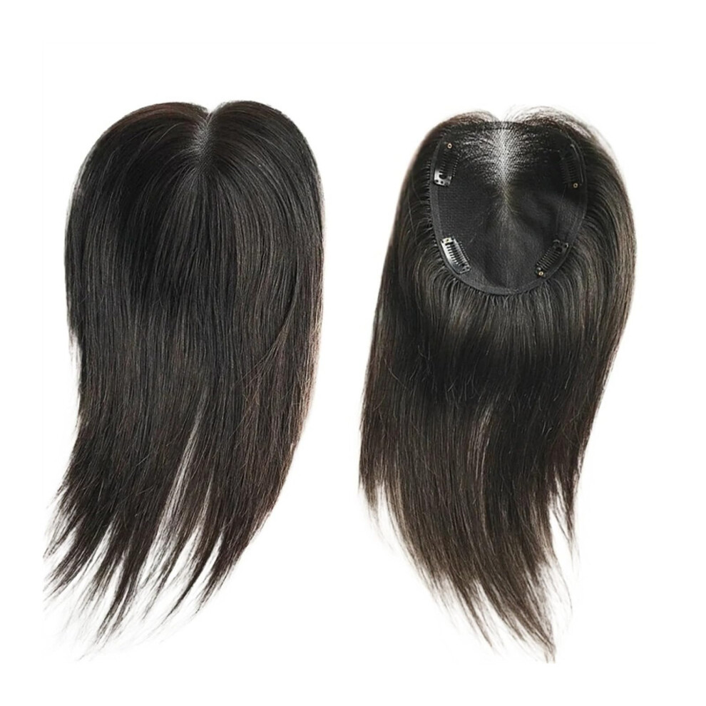 Unisex Black Human Hair Topper For Women With Clips, Straight Swiss Lace Base 9X14cm For Thinning Hair