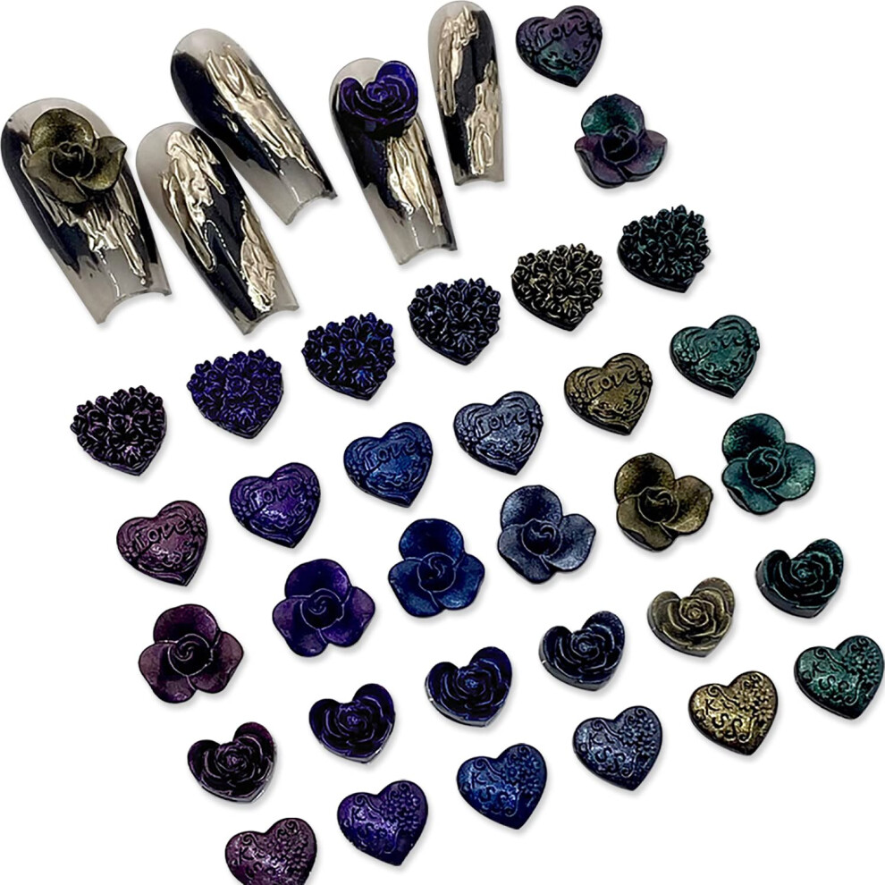 Black/Blue/Purple 100Pcs 3D Resin Nail Art Charms Hearts And Flowers For Manicure And Crafts