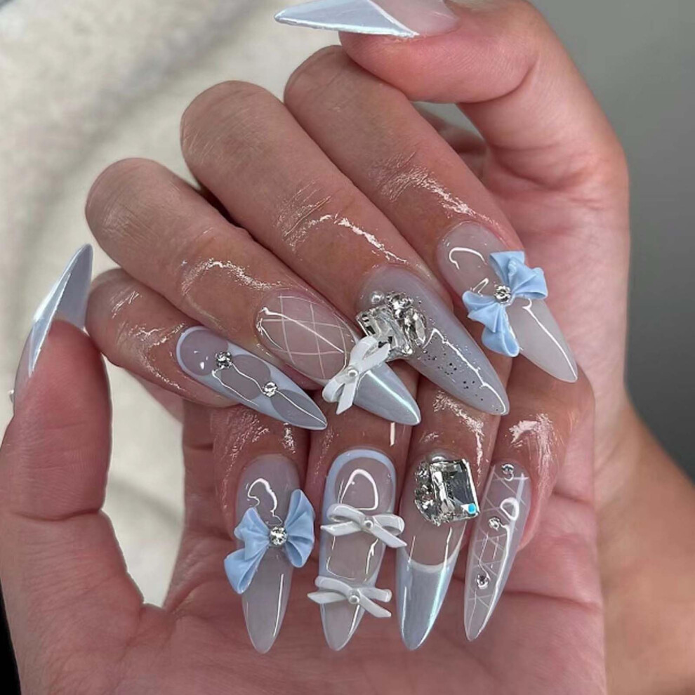 Blue Light Almond Press On Nails With Jelly Glue, 24Pcs Fake Nails Set For Women And Girls
