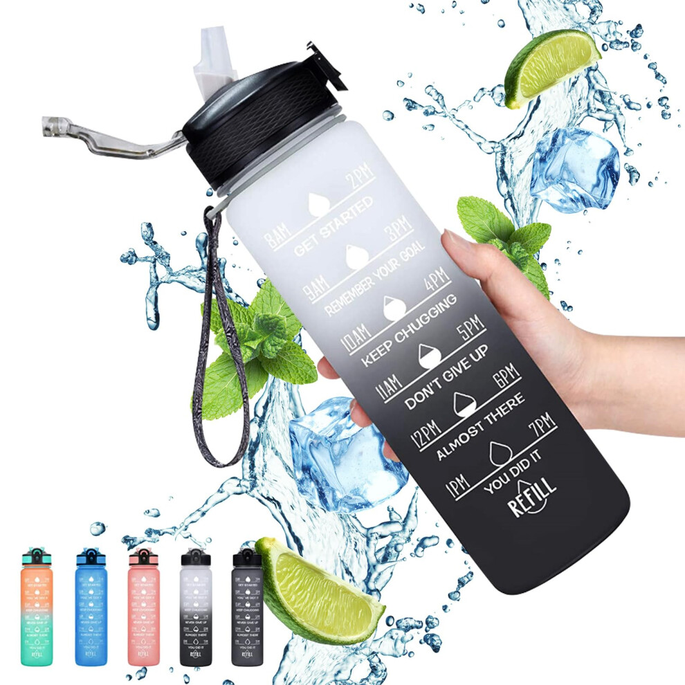Gaiayhc Sports 1L Motivational Water Bottle With Time Marker And Straw 30Oz