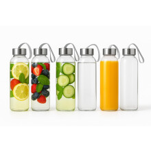 Set of 6 Glass Water Bottles – 500 ml Reusable Clear Glass Bottles with Lea