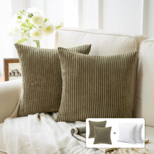 Fluffy Corduroy Velvet Solid Color Suqare Cusion Accent Decorative Throw Pillow for Couch, 18" x 18", Light Brown, 2 Pack