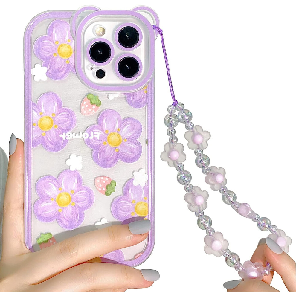 Compatible With Iphone 12 Pro Case Clear Cute Flower Floral Soft Tpu Shockproof Protective With Chain For Girls Women - Flower Purple 9314556330919