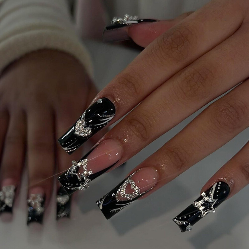 Black French Tip Press On Nails with 3D Rhinestones and Star Charms, 24Pcs Acrylic False Nails