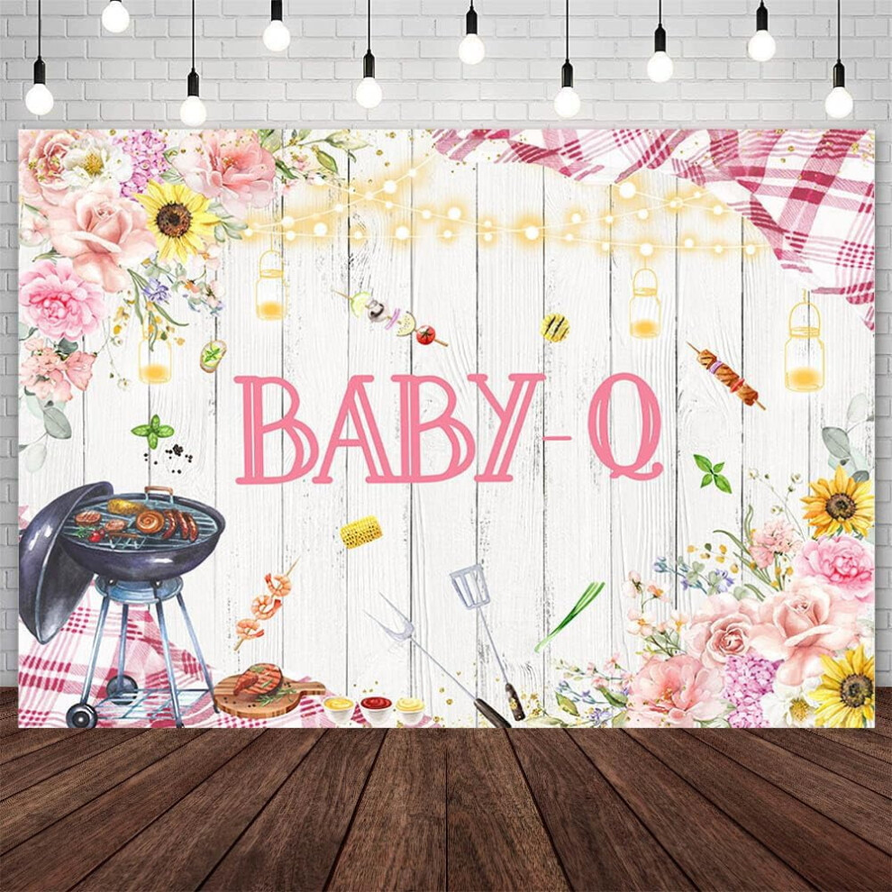Bbq Baby Shower Backdrop For Girls, Baby-Q Photography Background, Rustic Wood Floral Sunflowers Decoration Banner Pink 9422877767496