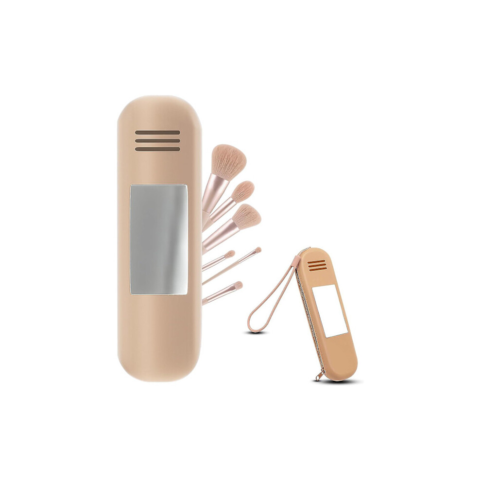 Travel Makeup Brush Case with Mirror, Silicone Organizer Bag Compatible with Brushes, Zipper Closure, Small Khaki Pouch