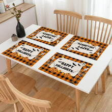 Halloween Place Mats Set of 4, Pumpkins Funny Composition Traditional Celebration Witches Hat Broomstick, Washable Fabric Placemats for Dining Table