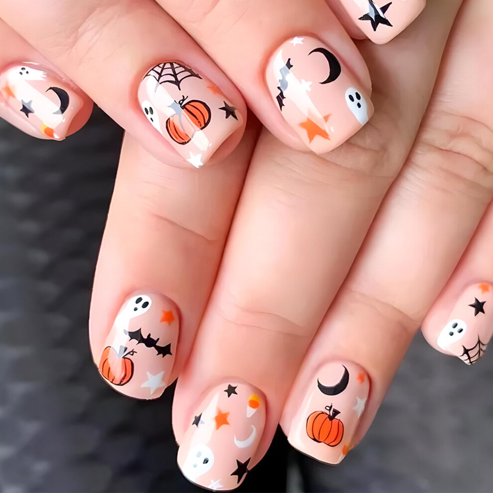 Halloween Press on Nails Set Square Short Glue on Nails with Ghost Spider Web Bat Pumpkin 24Pcs