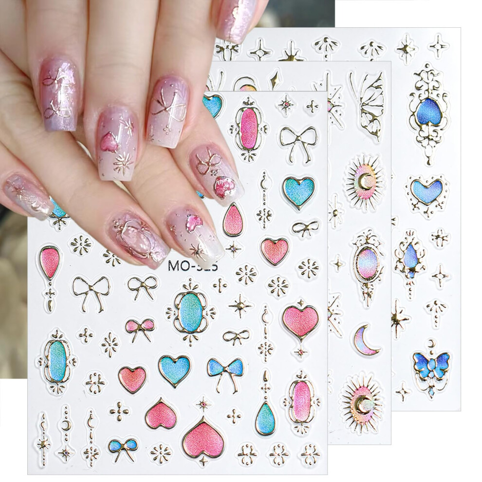 3 Sheets SelfAdhesive Nail Art Stickers, 3D Star and Heart Nail Decals for Acrylic Nails