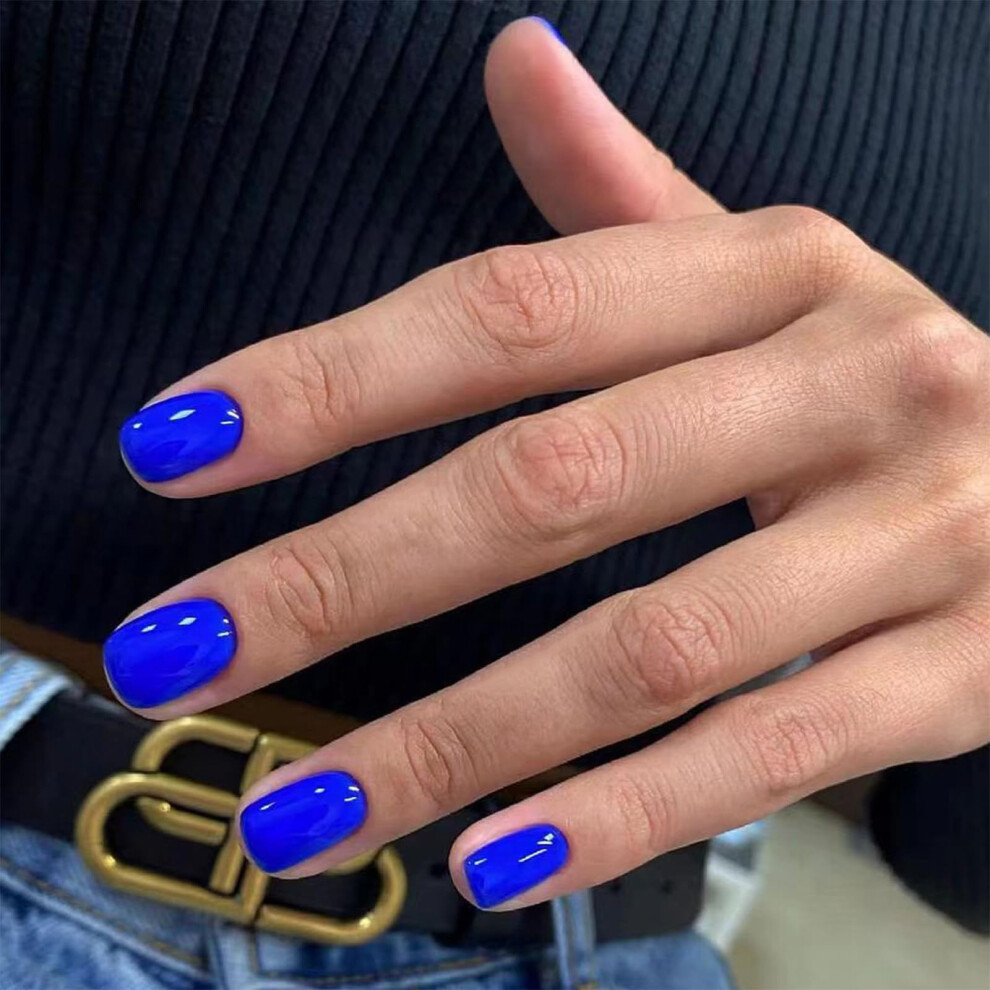 Blue Press On Nails Short Square Reusable Acrylic Fake Nails With Glue For Women 24Pcs