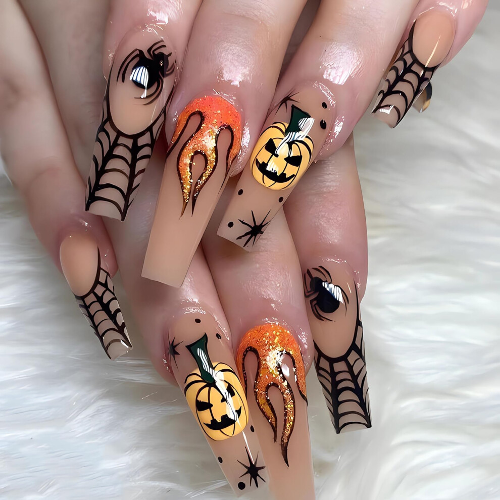 Long Coffin Halloween Press On Nails with Pumpkin Spider Web French Tip, 24pcs Fake Nails for Women